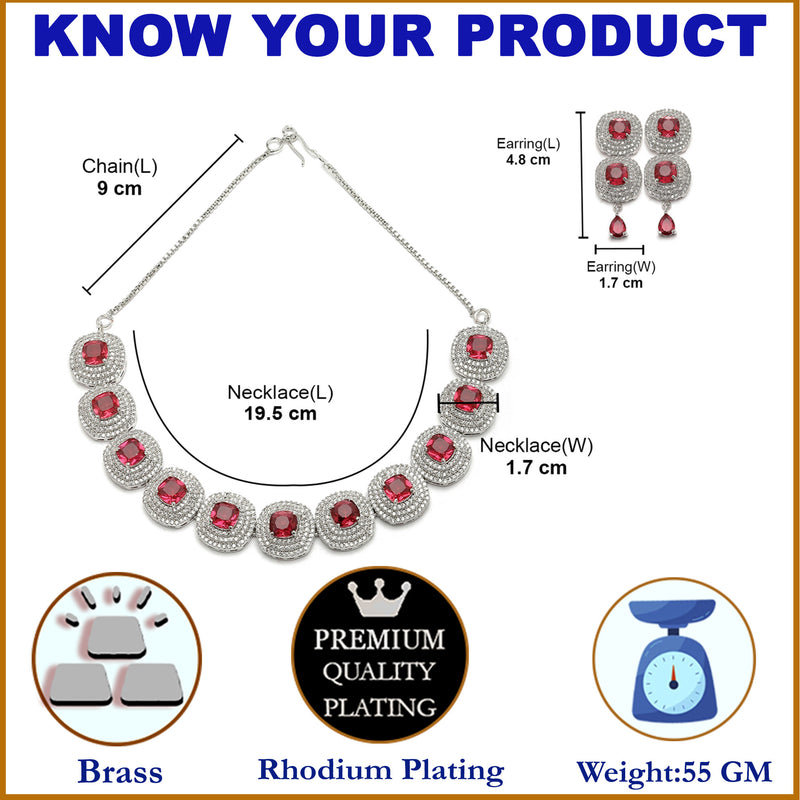 Rhodium-Plated Red Cubic Zirconia Studded Necklace with Earrings Jewellery Set