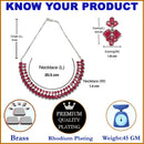 Rhodium-Plated Silver Toned Pear Red American Diamond Studded Necklace Earrings Jewellery Set