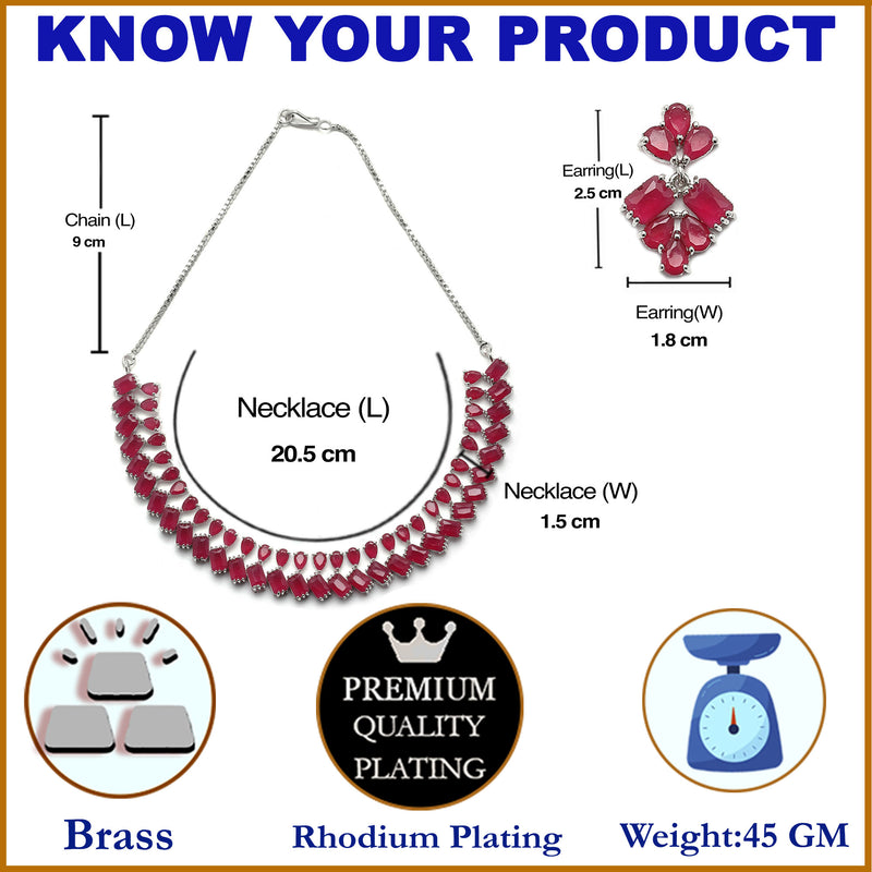 Rhodium-Plated Silver Toned Pear Red American Diamond Studded Necklace Earrings Jewellery Set