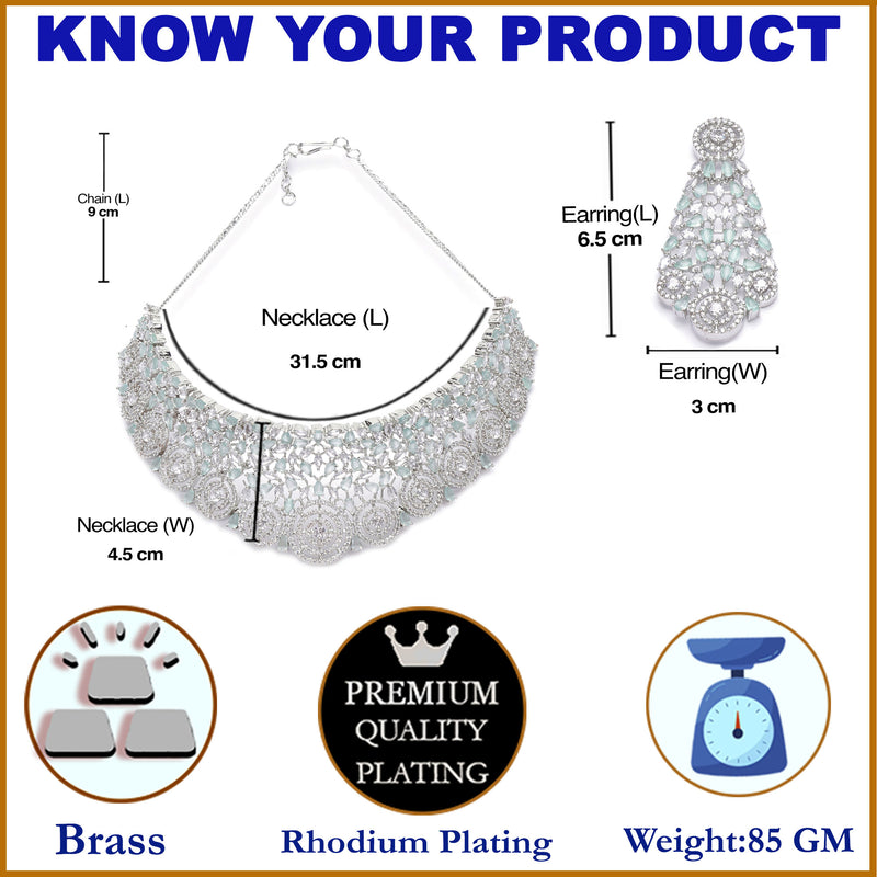 Rhodium-Plated Silver Toned Sea Green American Diamond Choker Necklace with Earrings Jewellery Set