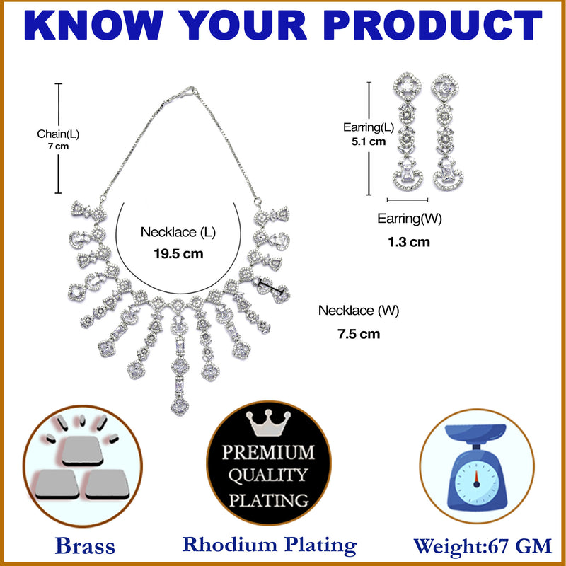 Rhodium-Plated White American Diamond Studded Floral Tasselled Necklace & Earrings Jewellery Set