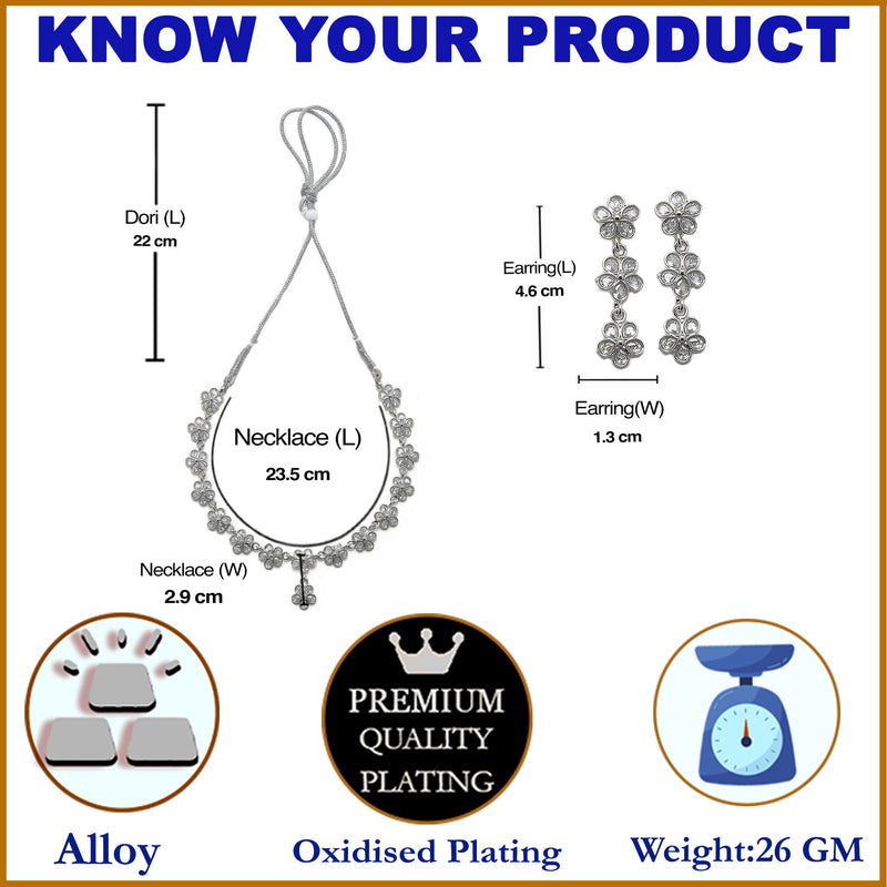 Oxidised Silver-Plated Flower Shaped White American Diamond Studded Necklace with Earrings Jewellery Set