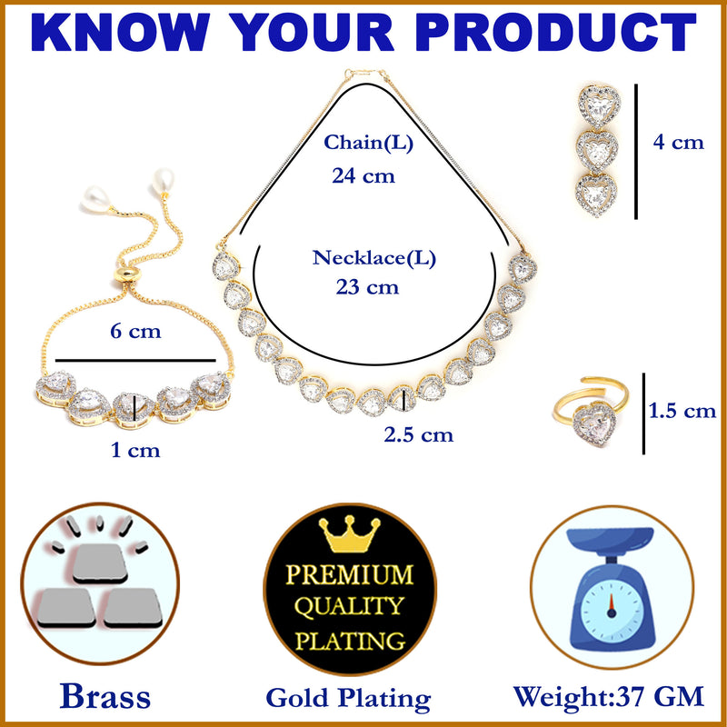 Heart Shaped Gold-Plated White American Diamond-Studded Jewellery Set Combo