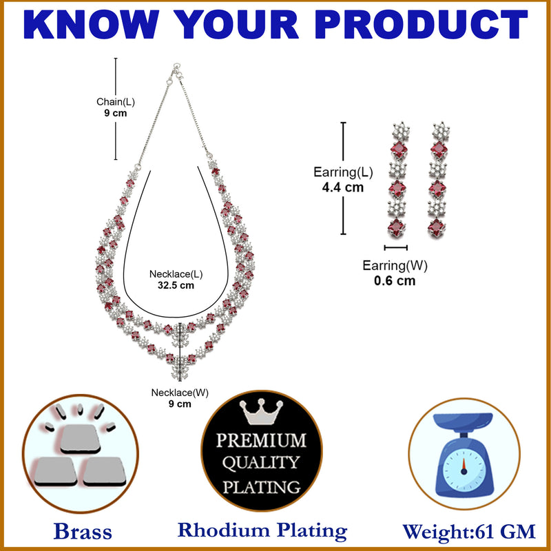 Rhodium-Plated Red American Diamond Studded Star Shaped Layered Necklace & Earrings Jewellery Set