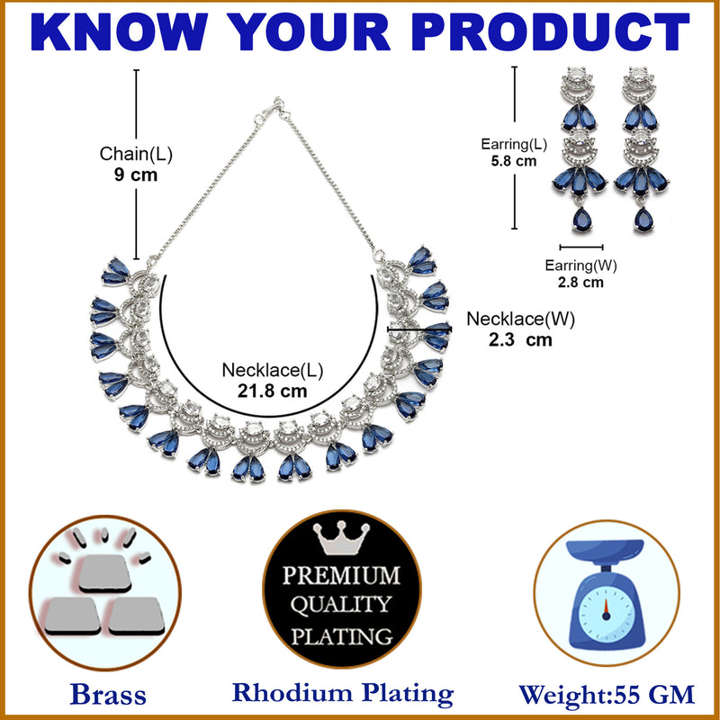 Rhodium-Plated Navy Blue American Diamond Studded Teardrop & Crescent Shaped Necklace with Earrings Jewellery Set
