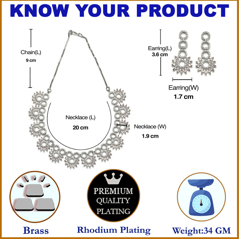 Rhodium-Plated Pink American Diamond Studded Classic Necklace with Earrings Jewellery Set