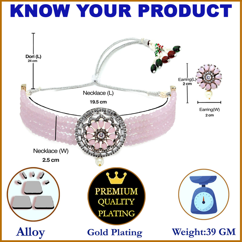 Rhodium-Plated with Silver-Tone Pink Stone Studded Oxidized Choker Jewellery Set