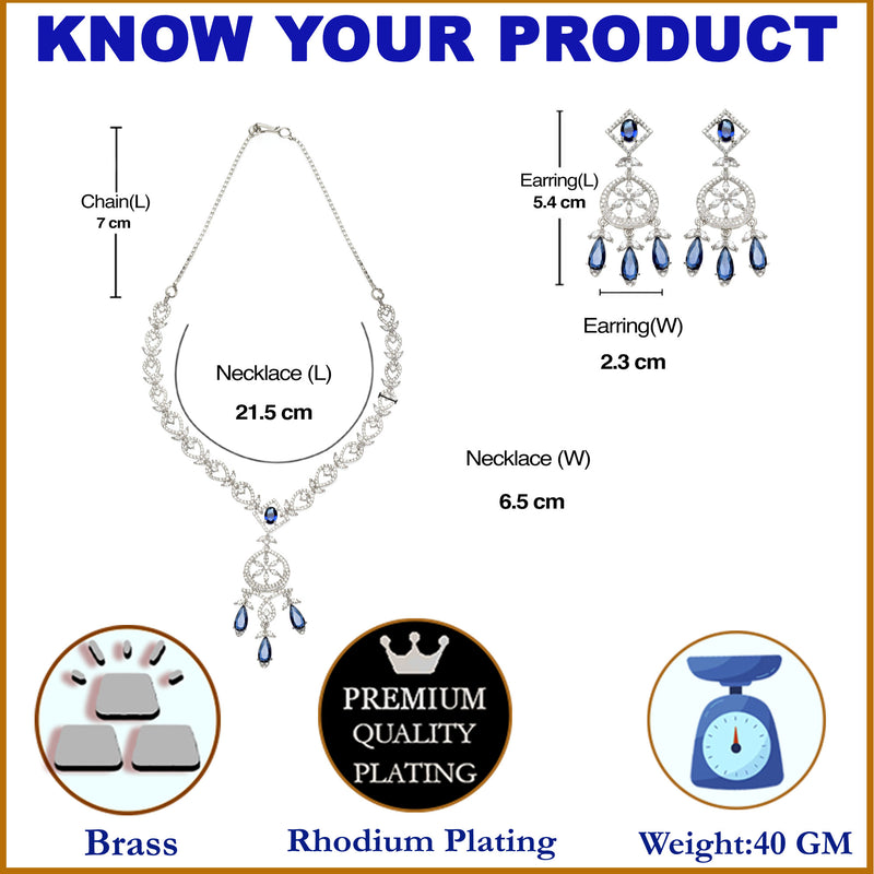 Rhodium-Plated Navy Blue Baguette Teardrops American Diamonds Studded Necklace & Earrings Jewellery Set