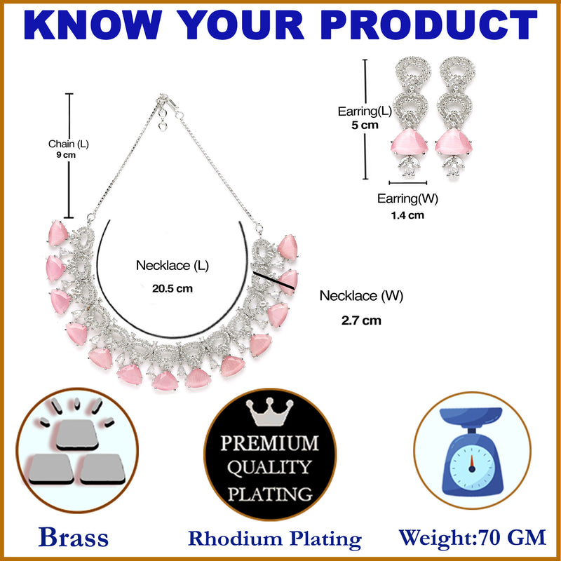 Rhodium-Plated with Silver-Toned Pink and White American Diamond Studded Choker Necklace and Drop Earrings Jewellery Set