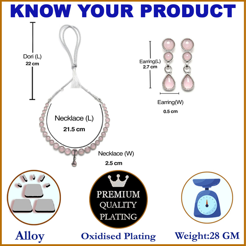 Oxidised Silver-Plated Pink Round American Diamond Studded Necklace with Earrings Jewellery Set