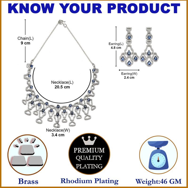 Rhodium-Plated Navy Blue American Diamond Studded Quirky Design Necklace with Earrings Jewellery Set