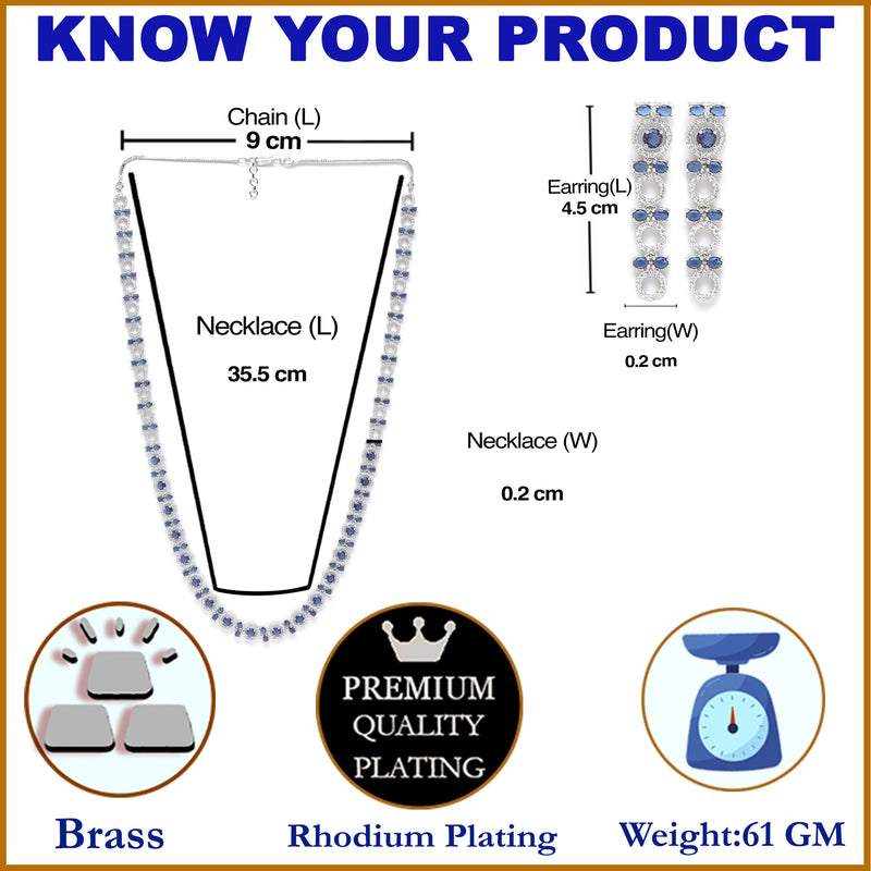 Rhodium-Plated Silver Toned Circular Navy Blue American Diamond Long Necklace with Earrings Jewellery Set