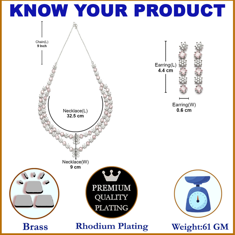 Rhodium-Plated Pink American Diamond Studded Star Shaped Layered Necklace & Earrings Jewellery Set