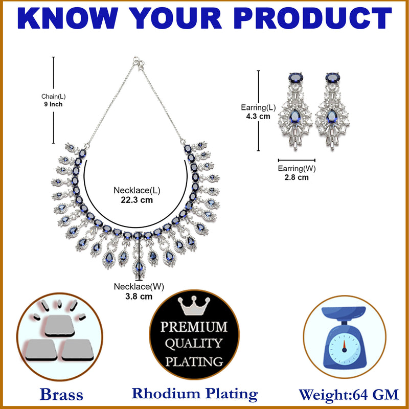 Rhodium-Plated Navy Blue American Diamond Studded Oval & Teardrop Shaped Necklace & Earrings Jewellery Set