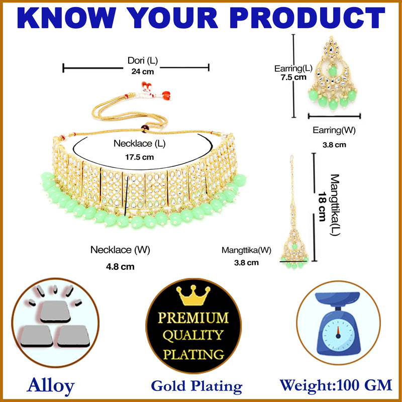 Meenakari Choker Gold-Plated Sea Green & White Kundan-Studded & Beaded Jewellery Set