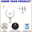 Rhodium-Plated Green American Diamond Studded Teardrop & Floral Shaped Jewellery Set