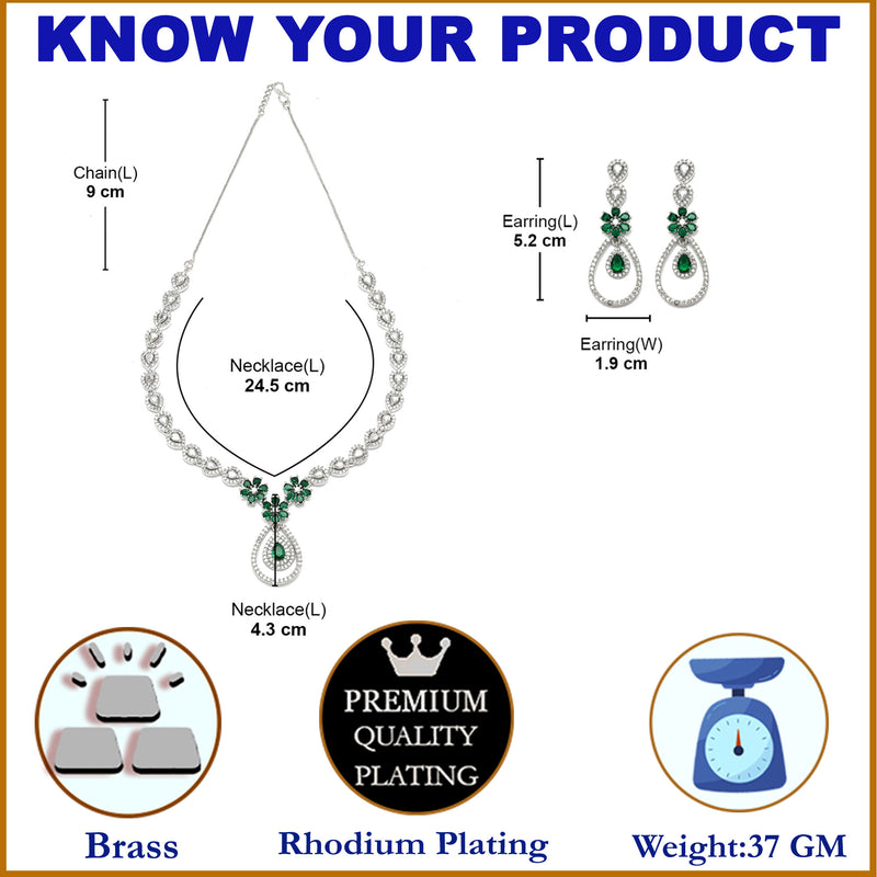 Rhodium-Plated Green American Diamond Studded Teardrop & Floral Shaped Jewellery Set