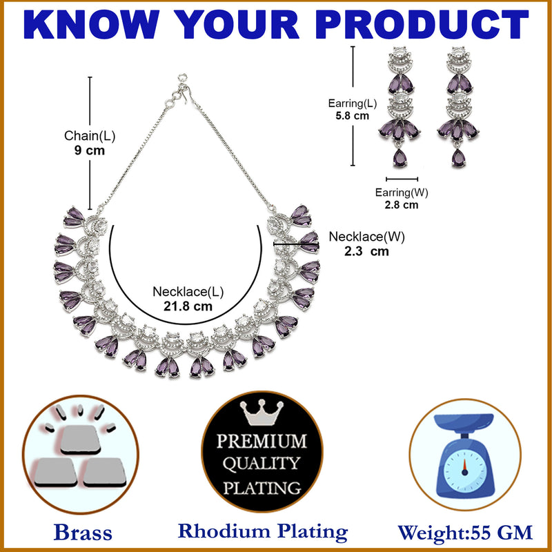Rhodium-Plated Purple American Diamond Studded Teardrop & Crescent Shaped Necklace with Earrings Jewellery Set