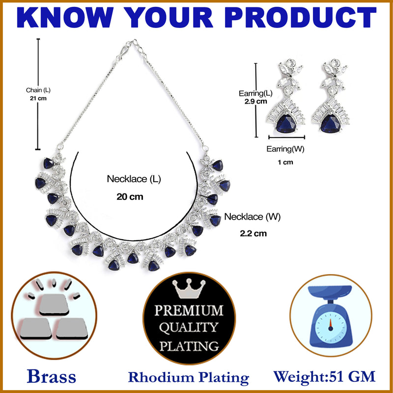 Rhodium-Plated with Silver-Tone Navy Blue American Diamond Studded Handcrafted Jewellery Set