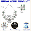 Rhodium-Plated Green Cubic Zirconia Studded Floral Theme Necklace & Earrings Jewellery Set