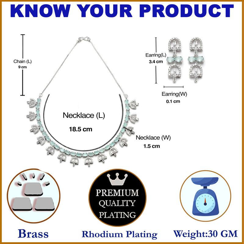 Rhodium-Plated Silver Toned Rectangle Navy Blue American Diamond Studded Necklace Earring Jewellery Set