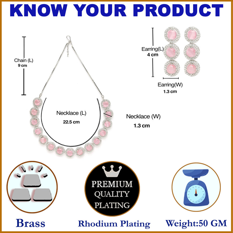 Rhodium-Plated with Silver-Toned Circular Shape Pink and White American Diamond Studded Jewellery Set