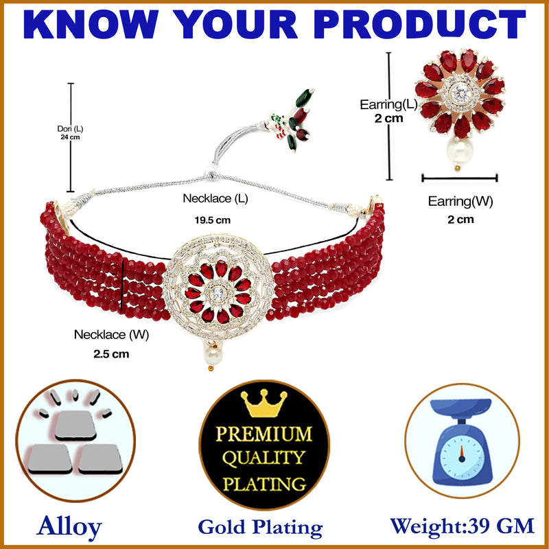 Rhodium-Plated with Silver-Tone Red Stone Studded Jewellery Set