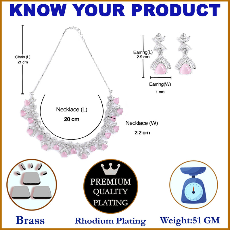 Rhodium-Plated with Silver-Tone White & Pink American Diamond-Studded Jewellery Set