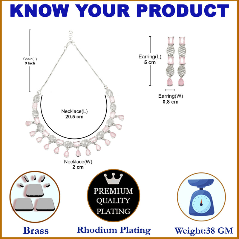 Rhodium-Plated Pink American Diamond Studded Intriguing Necklace & Earrings Jewellery Set