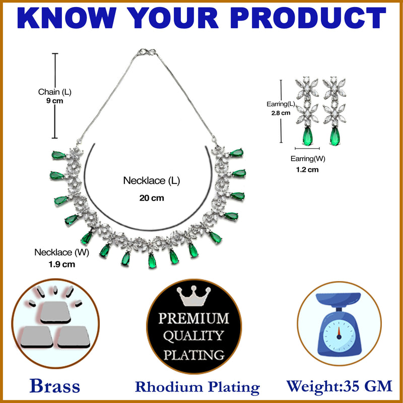 Rhodium-Plated Silver Toned Teardrop Green American Diamond Studded Necklace Earrings Jewellery Set