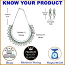 Rhodium-Plated Green American Diamond Studded Floral & Leaf Shaped Necklace with Earrings Jewellery Set
