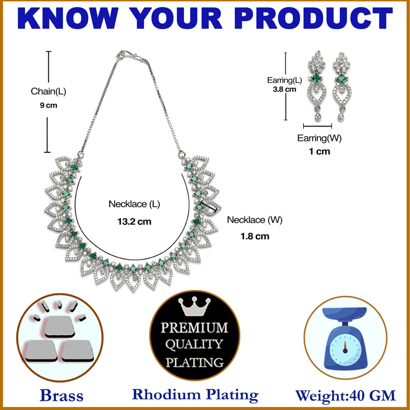 Rhodium-Plated Green American Diamond Studded Floral & Leaf Shaped Necklace with Earrings Jewellery Set