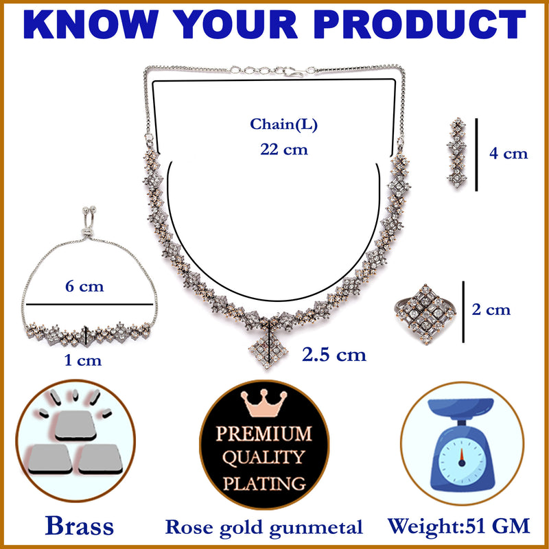 Rose Gold-Plated Gunmetal Toned American Diamond studded Rectangle Shaped Jewellery Set