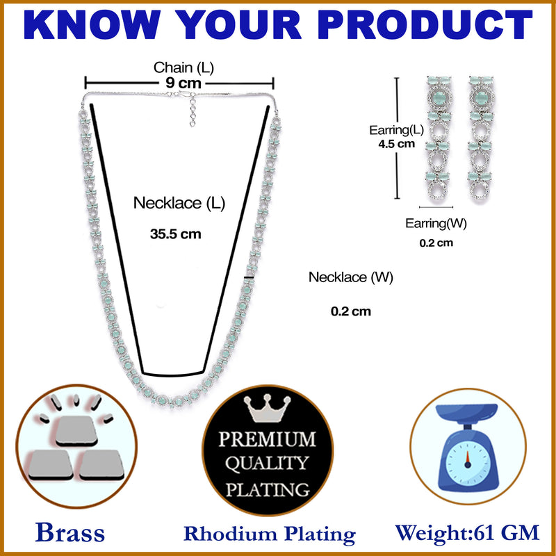 Rhodium-Plated Silver Toned Circular Sea Green American Diamond Long Necklace with Earrings Jewellery Set