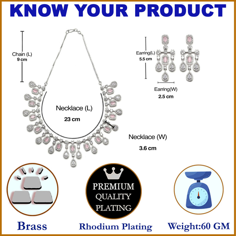 Rhodium-Plated Silver Toned Square Pink American Diamond Studded Necklace with Earring Jewellery Set