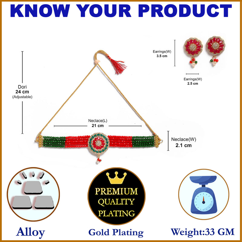 Red & Green Gold-Plated American Diamond Studded Choker Necklace with Earrings