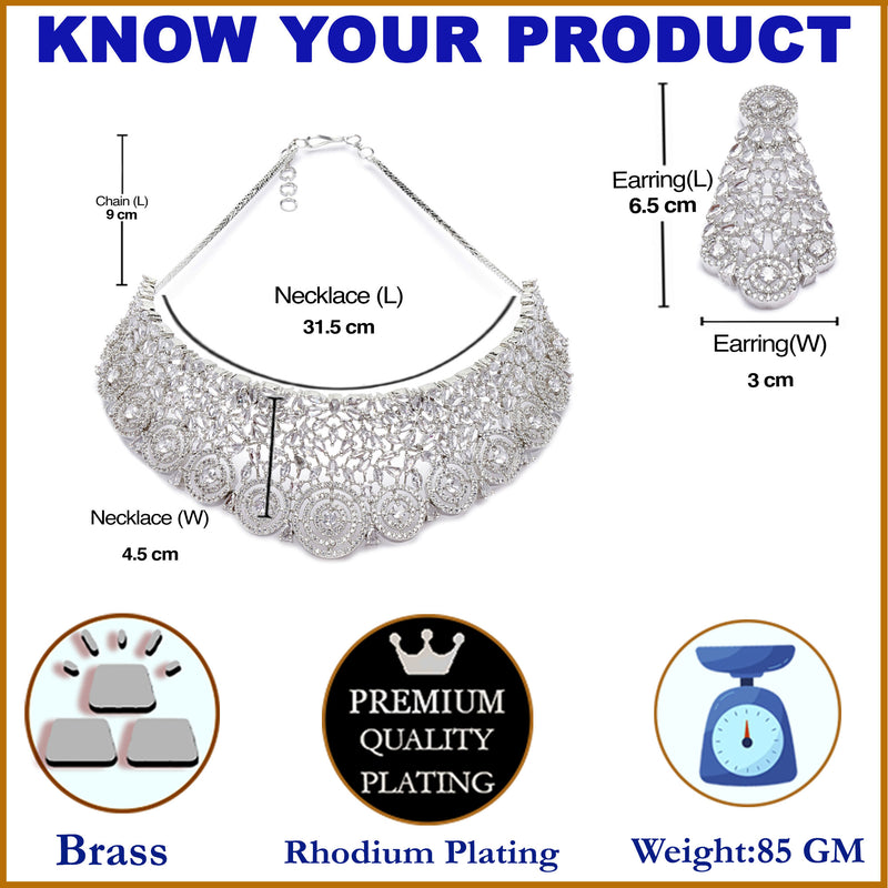 Rhodium-Plated Silver Toned White American Diamond Choker Necklace with Earrings Jewellery Set