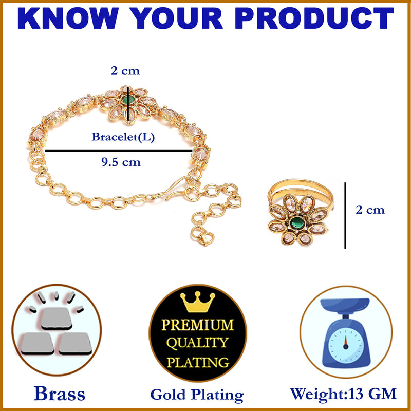 Gold-Plated Green Stone Studded Brass Wraparound Bracelet With Ring