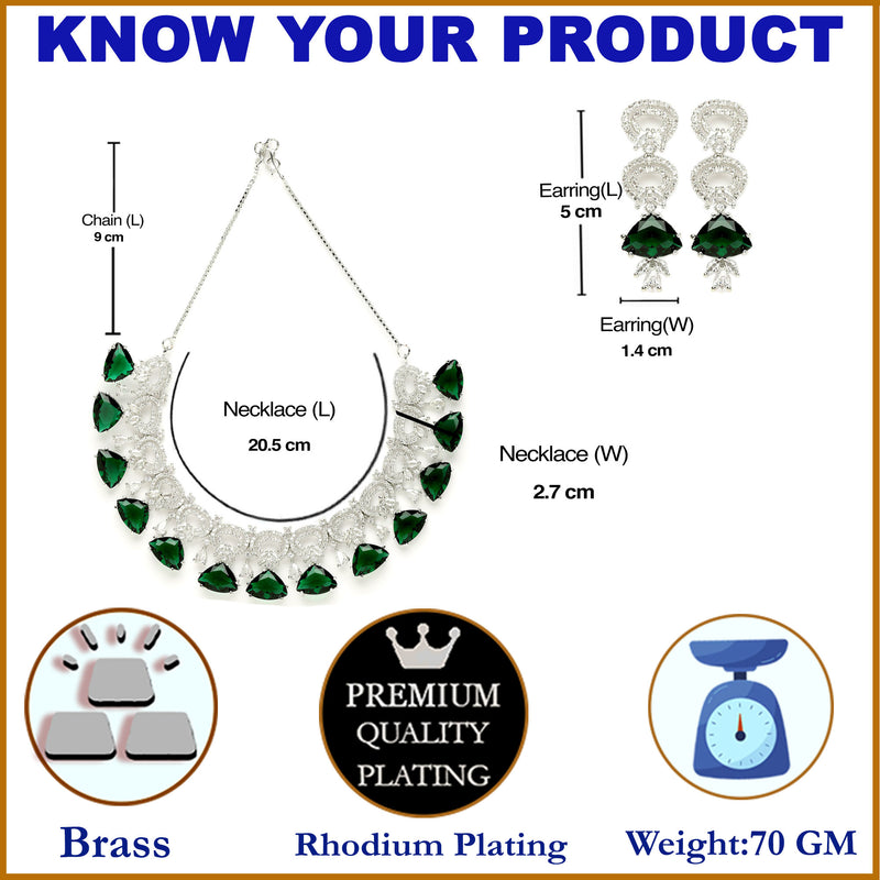 Rhodium-Plated with Silver-Toned Green and White American Diamond Studded Choker Necklace and Drop Earrings Jewellery Set