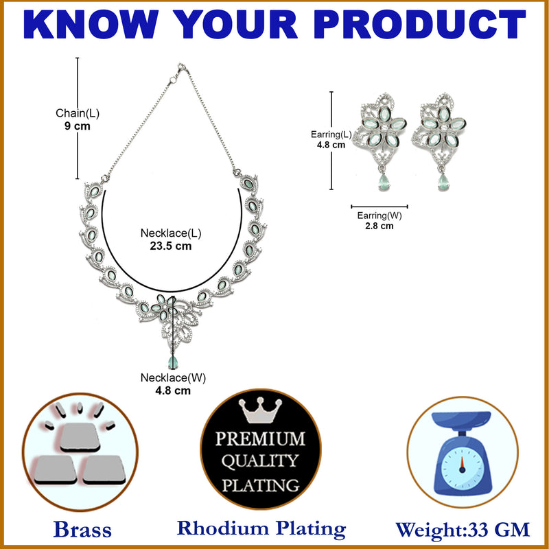 Rhodium-Plated Sea Green American Diamond Studded Floral & Paisley Shaped Necklace with Earrings Jewellery Set