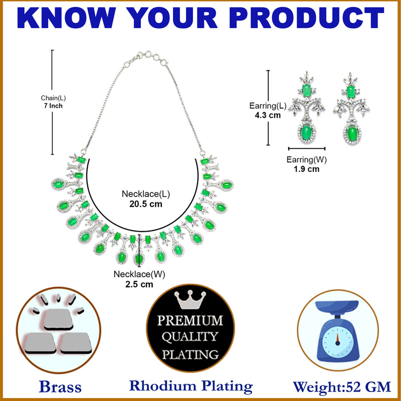 Rhodium-Plated Lime Green American Diamond Studded Designer Necklace & Earrings Jewellery Set