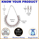 Rhodium-Plated Red American Diamond Studded Floral & Leaf Shaped Necklace with Earrings Jewellery Set