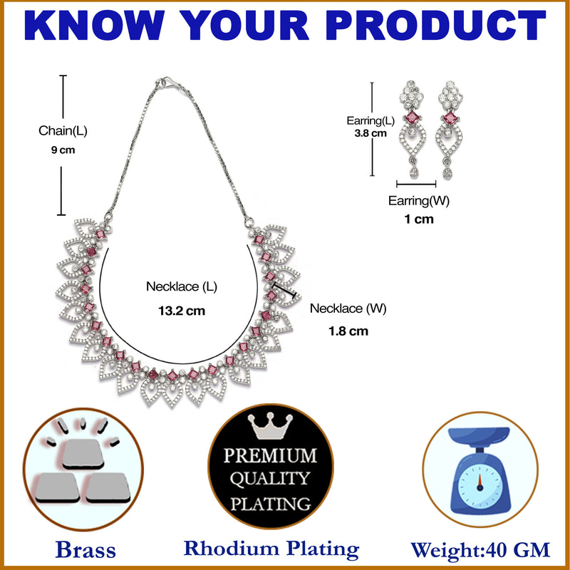 Rhodium-Plated Red American Diamond Studded Floral & Leaf Shaped Necklace with Earrings Jewellery Set