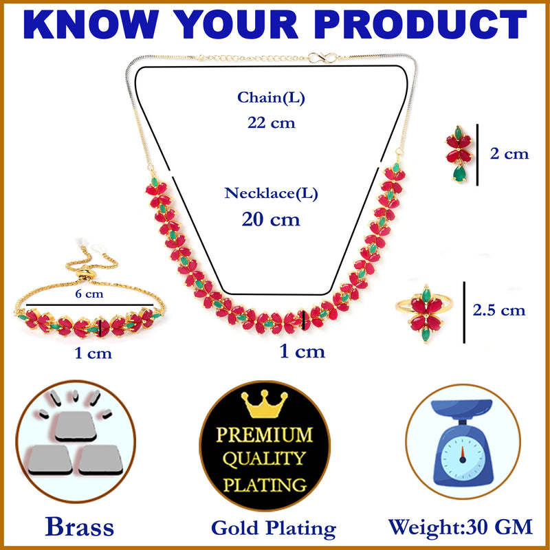 Flower Shaped Green & Red Gold Plated American Diamond Studded Jewellery Set Combo