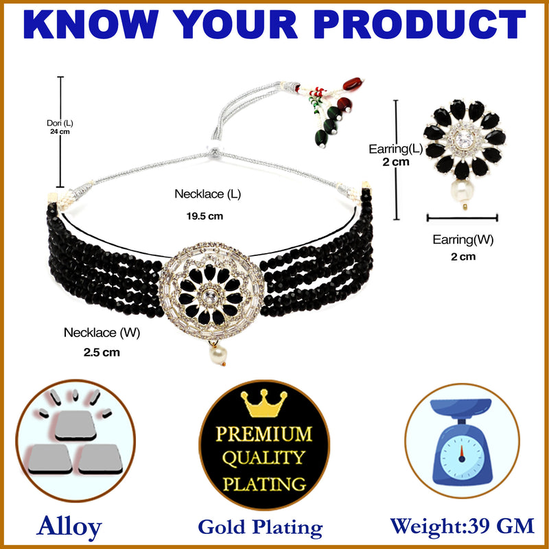 Rhodium-Plated with Oxidized Silver-Tone Black & White Stones-Studded & Pearl-Beaded Jewellery Set