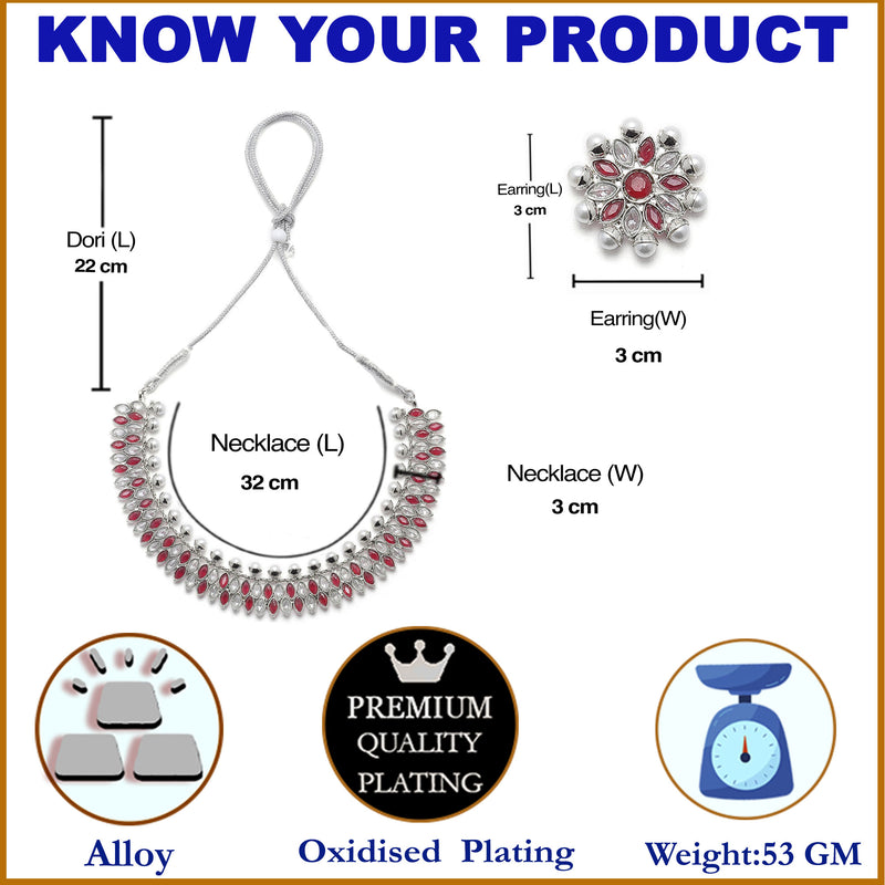 Oxidised Silver-Plated Red American Diamond & White Pearl Studded Necklace Earrings Jewellery Set