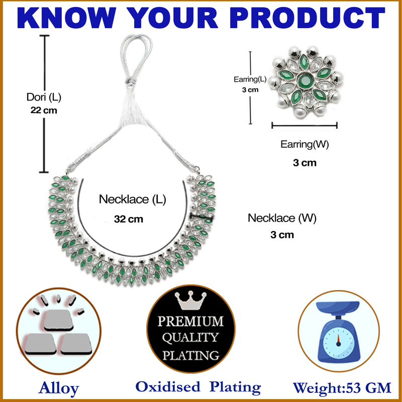 Oxidised Silver-Plated Green American Diamond & White Pearl Studded Necklace Earrings Jewellery Set