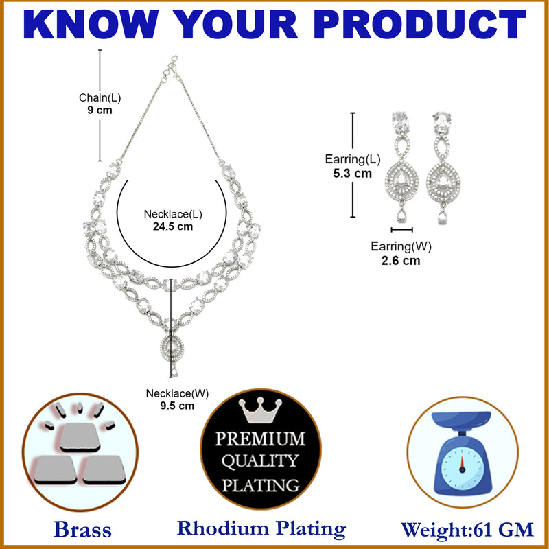 Rhodium-Plated White American Diamond Studded Abstract Necklace & Earrings Jewellery Set