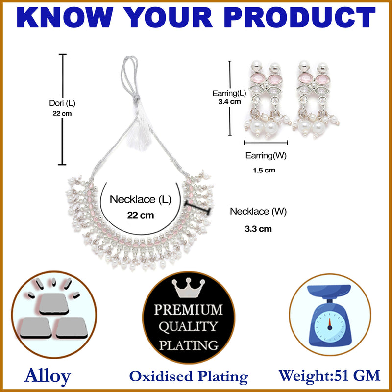 Oxidised Silver-Plated Pink American Diamond & White Pearl Studded Necklace Earrings Jewellery Set