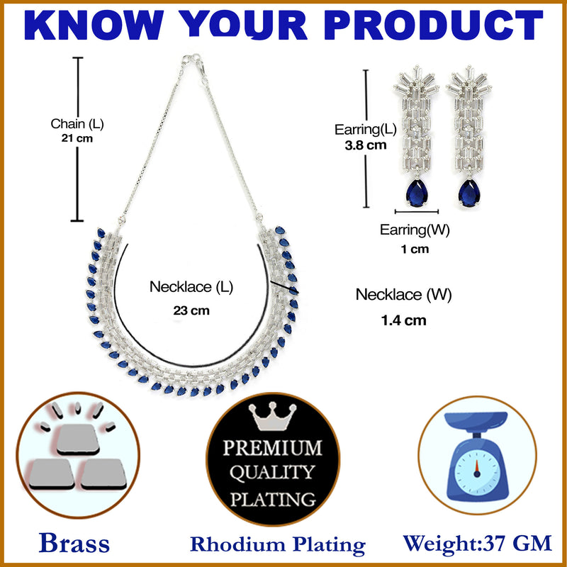 Rhodium-Plated with Silver-Toned Navy Blue and White American Diamond Studded Necklace & Earrings Jewellery Set